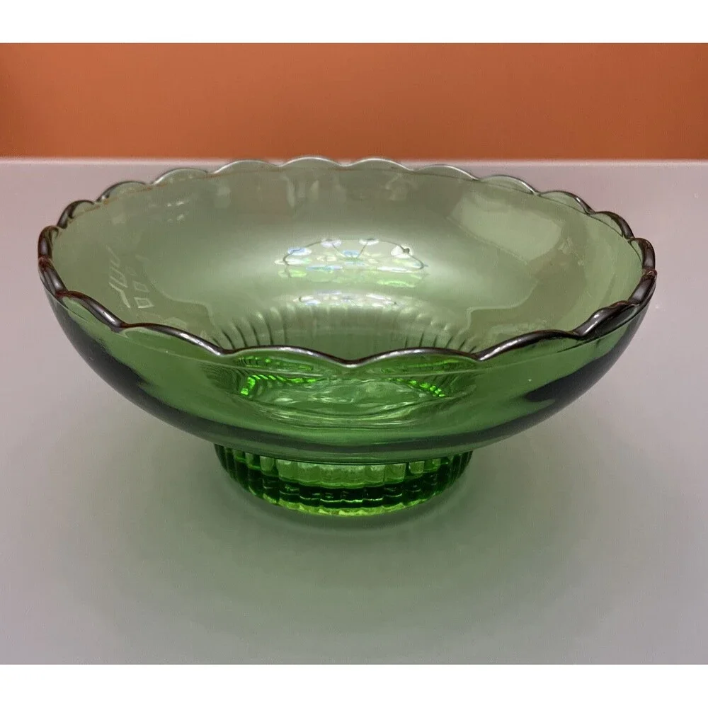 Green Glass Dish Bowl Vintage 50's E.O. Brody CO. M2000 Cleveland Ohio Scalloped
